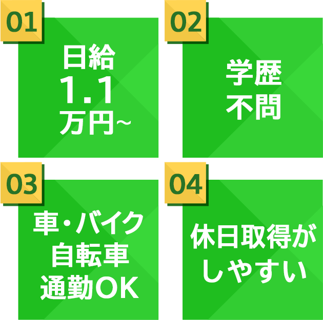 月給1.1万円〜、学歴不問、車・バイク・自転車通勤OK、交通費支給